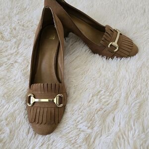 Tan Faux Suede Fringe Block Heel Loafers size 9M